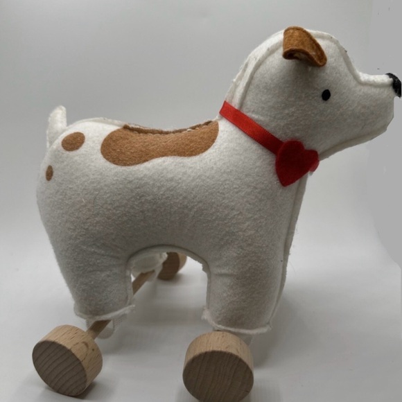 Adorable White and Brown Dog Pull Toy natural wood wheels felt body. - Picture 2 of 5